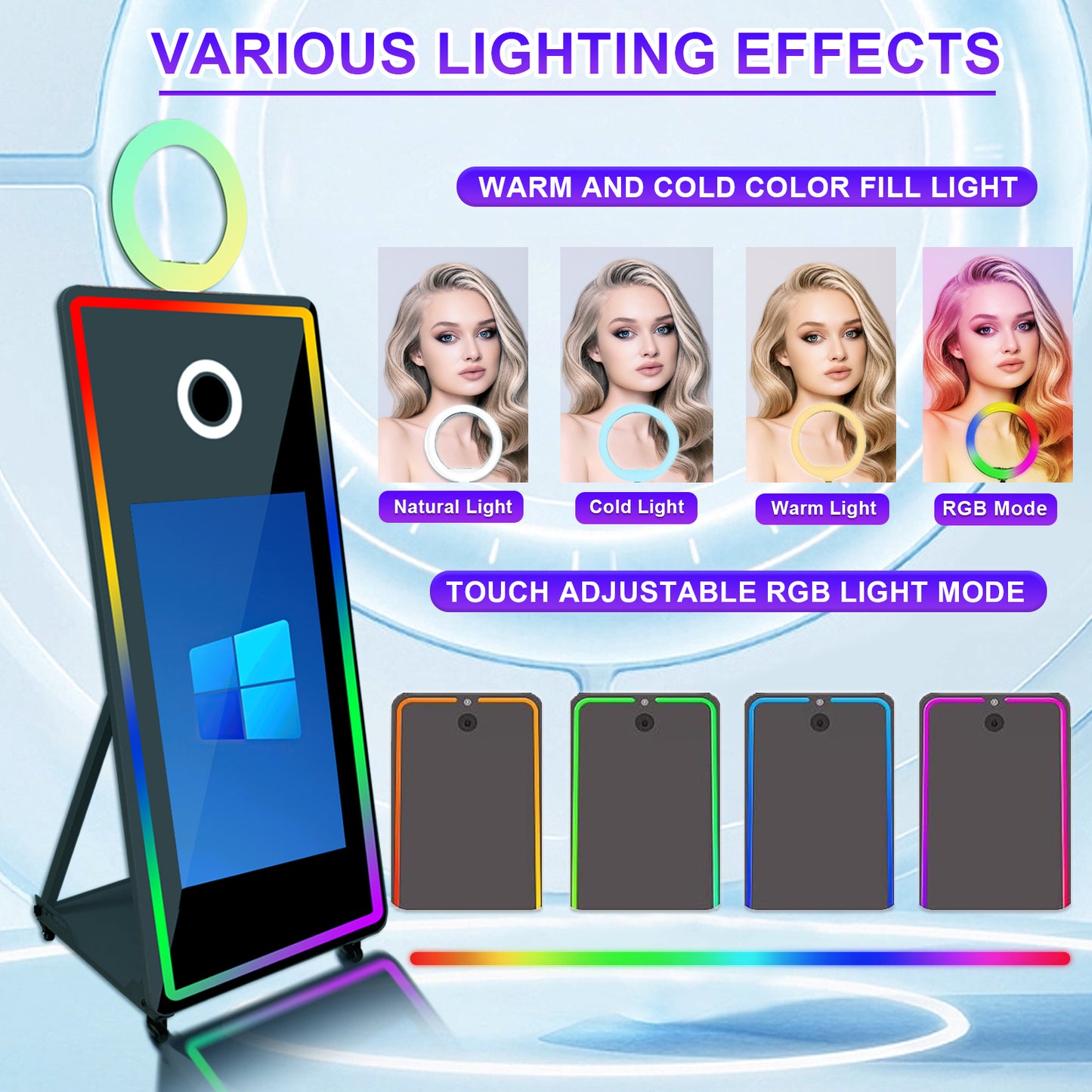 Magic Mirror Photo Booth with Flight Case and Square Fill Light 65 in Movable Mirror Photobooth Machine with 32in 43in Touch Screen for Events Parties Wedding Rental