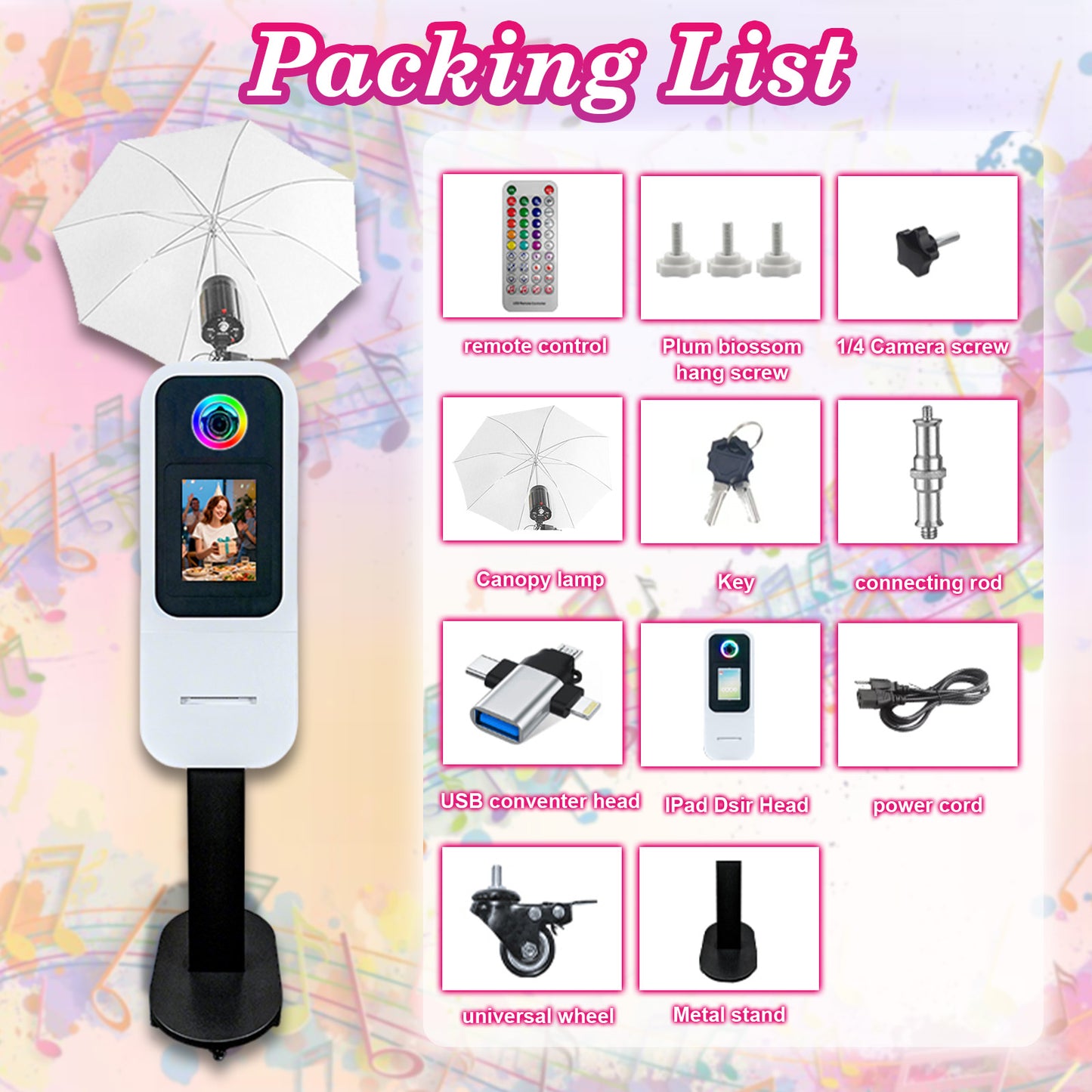 Cabina de fotos portátil para iPad de 10.2", 11" y 12.9". Control por app. Carcasa con soporte compatible con iPad. Carcasa para selfies con cámara DSLR y luz de anillo para fiestas de cumpleaños.