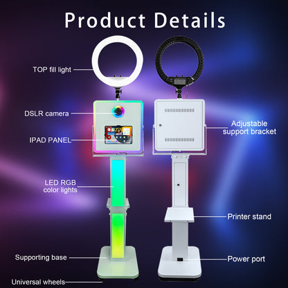 3 in 1 Portable Photo Booth Machine for Ipad 10.2" 10.9" 11" 12.9'' PhotoBooth Stand Shell Provide Cyratok Software RGB Ring Light Music Sync Aluminum Alloy Selfie Photo Booth for Parties Weddings Events