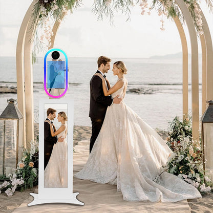 Cabina de fotos con espejo mágico de 15,6 pulgadas con luz RGB, máquina de fotomatón DSLR, pantalla táctil portátil para selfies con estuche de transporte para bodas, fiestas y eventos.