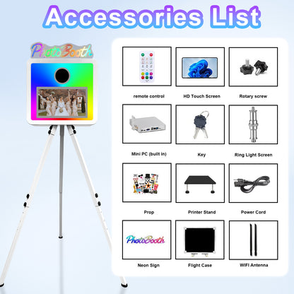 Cabina de fotos con espejo mágico, estuche de transporte y luz de relleno cuadrada. Máquina de fotomatón con espejo móvil de 65 pulgadas y pantalla táctil de 32 y 43 pulgadas para eventos, fiestas, bodas y alquiler.