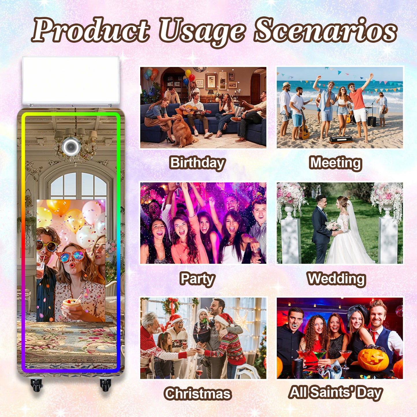 Cabina de Fotos Espejo Mágico 65'' Cabina de Fotos con Espejo Pantalla Táctil Interactiva de 32/43'' Mini PC Integrado con Impresión Instantánea y Compartir para Eventos, Fiestas, Bodas y Alquiler