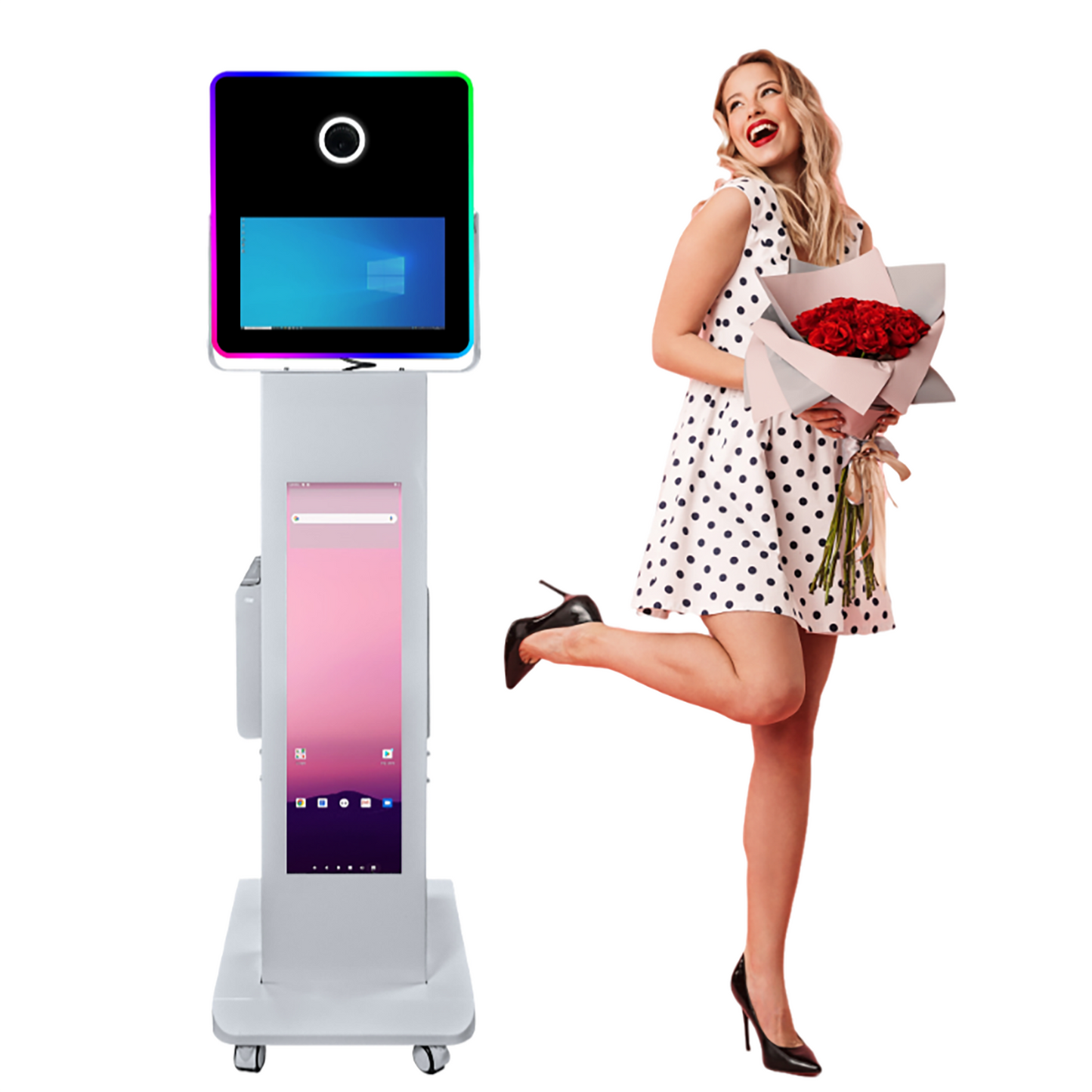 LCD Camera Photo Booth with 15.6" Mirror Touch Screen APP Control Mirror Photo Booth Selfie Station Shell Stand DIY Photobooth Machine with RGB Light