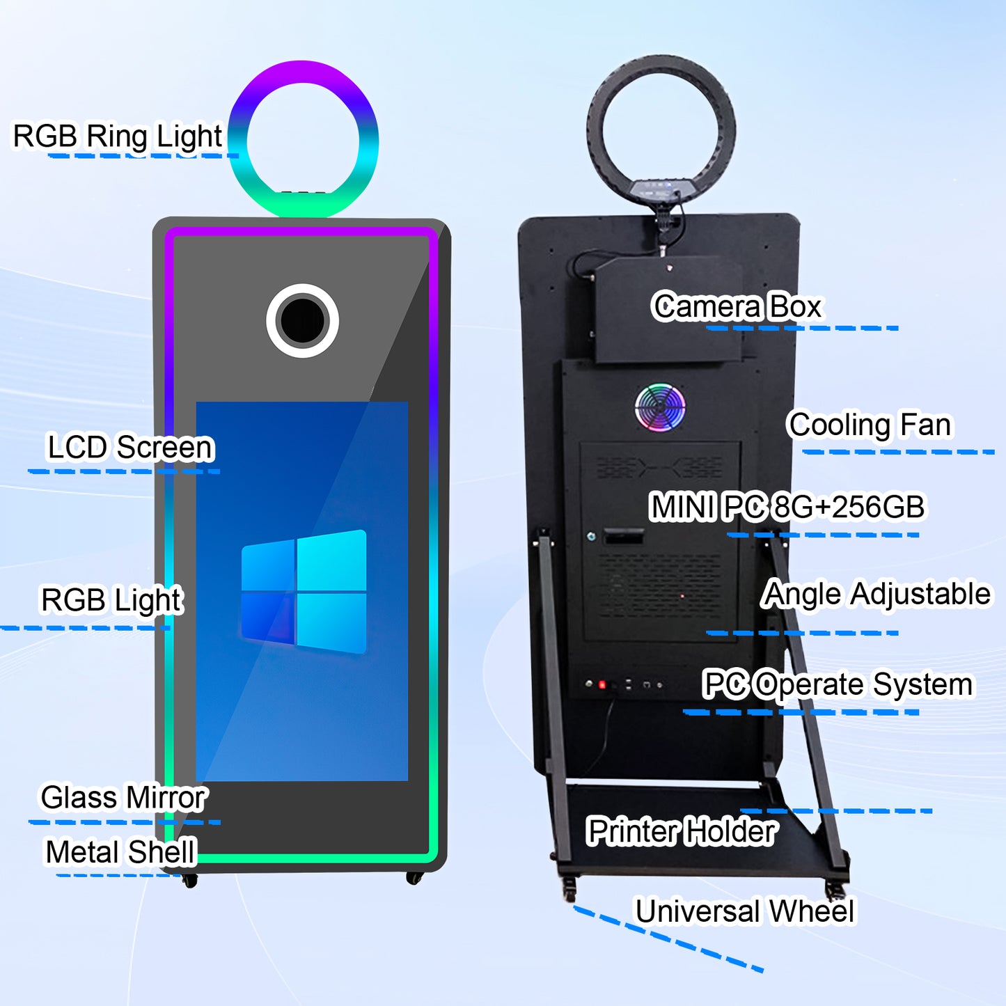 Magic Mirror Photo Booth with Flight Case and Square Fill Light 65 in Movable Mirror Photobooth Machine with 32in 43in Touch Screen for Events Parties Wedding Rental