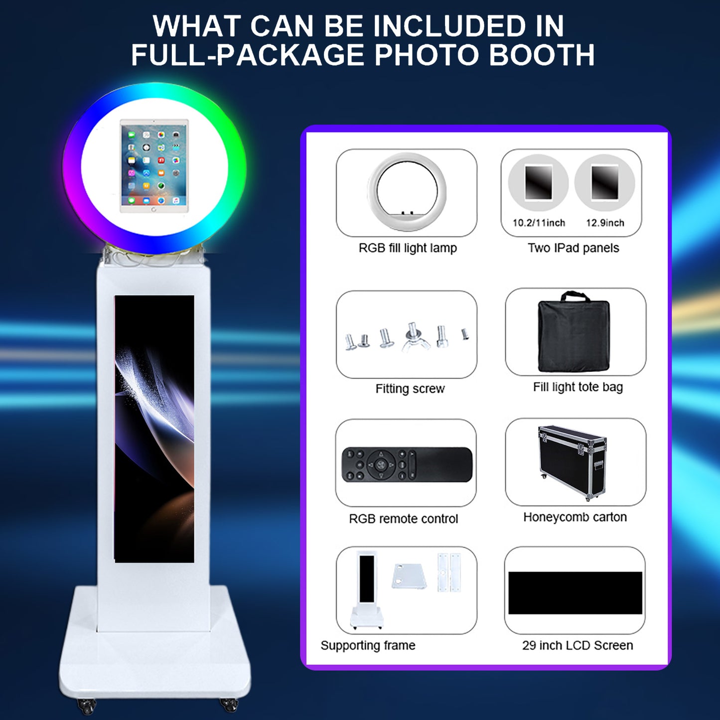 LCD Screen Portable Photo Booth Compatible with Any Ipad, 1080P Intelligent Split Screen Ipad Photo Booth LCD for Wedding Party Software APP Control LCD Ring Light, Flight Case