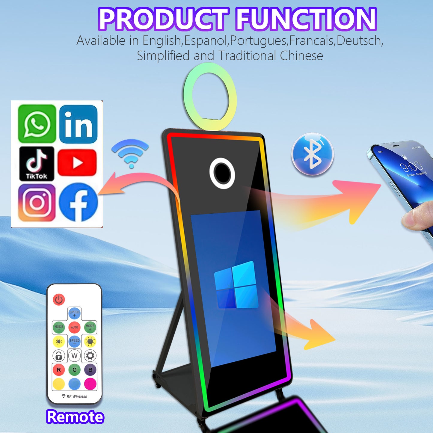 Magic Mirror Photo Booth with Flight Case and Square Fill Light 65 in Movable Mirror Photobooth Machine with 32in 43in Touch Screen for Events Parties Wedding Rental