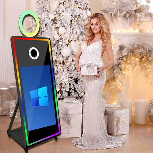 Magic Mirror Photo Booth with Flight Case and Square Fill Light 65 in Movable Mirror Photobooth Machine with 32in 43in Touch Screen for Events Parties Wedding Rental