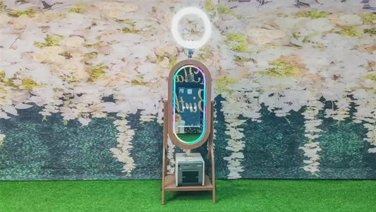 Imitation Wood Grain Magic Mirror Photo Booth 21.5 Touch Screen Camera Selfie DSLR Photobooth Machine with Software RGB LED Ring Light and Flight Case for Events Weddings Parties