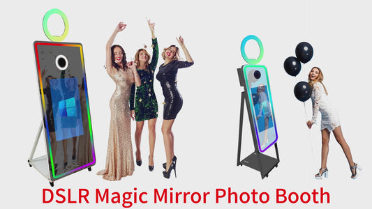 Magic Mirror Photo Booth with Flight Case and Square Fill Light 65 in Movable Mirror Photobooth Machine with 32in 43in Touch Screen for Events Parties Wedding Rental